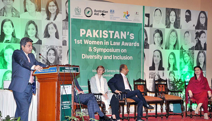 Federal Minister for Law and Justice Barrister Dr Muhammad Farogh Naseem addressing during Women in Law Awards and Symposium in Islamabad on November 24, 2021. — APP/File