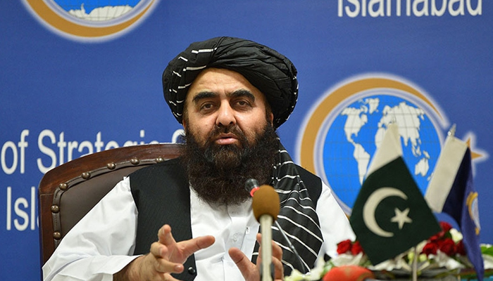 Afghanistans acting Foreign Minister Amir Khan Muttaqi gestures while speaking during an event held at the Institute of Strategic Studies in Islamabad. — AFP/File