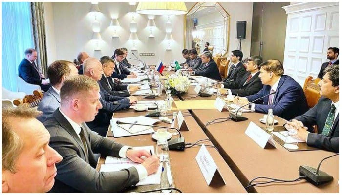 Delegation led by National Security Advisor of Pakistan Moeed Yusuf in talks with Russian delegation in Moscow. APP