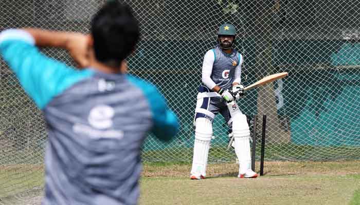 Pakistani batsman Fawad Alam practices in nets session ahead of match in Dhaka. Photo: Courtesy PCB