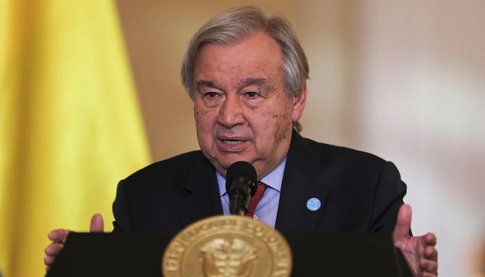 UN Secretary General Antonio Guterres addresses the media at the end of his visit to mark five years since the signing of a peace deal between the FARC rebels and the Colombian government in Bogota, Colombia November 24, 2021. Photo: Reuters