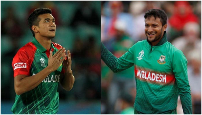 Bangladeshs Taskin Ahmed reacts after taking a wicket (left) and Bangladeshs Shakib Al Hasan celebrates taking a wicket. — AFP/Reuters/File
