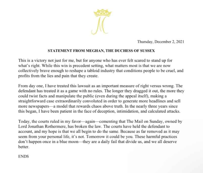 Read Meghan Markles full statement on UK court ruling