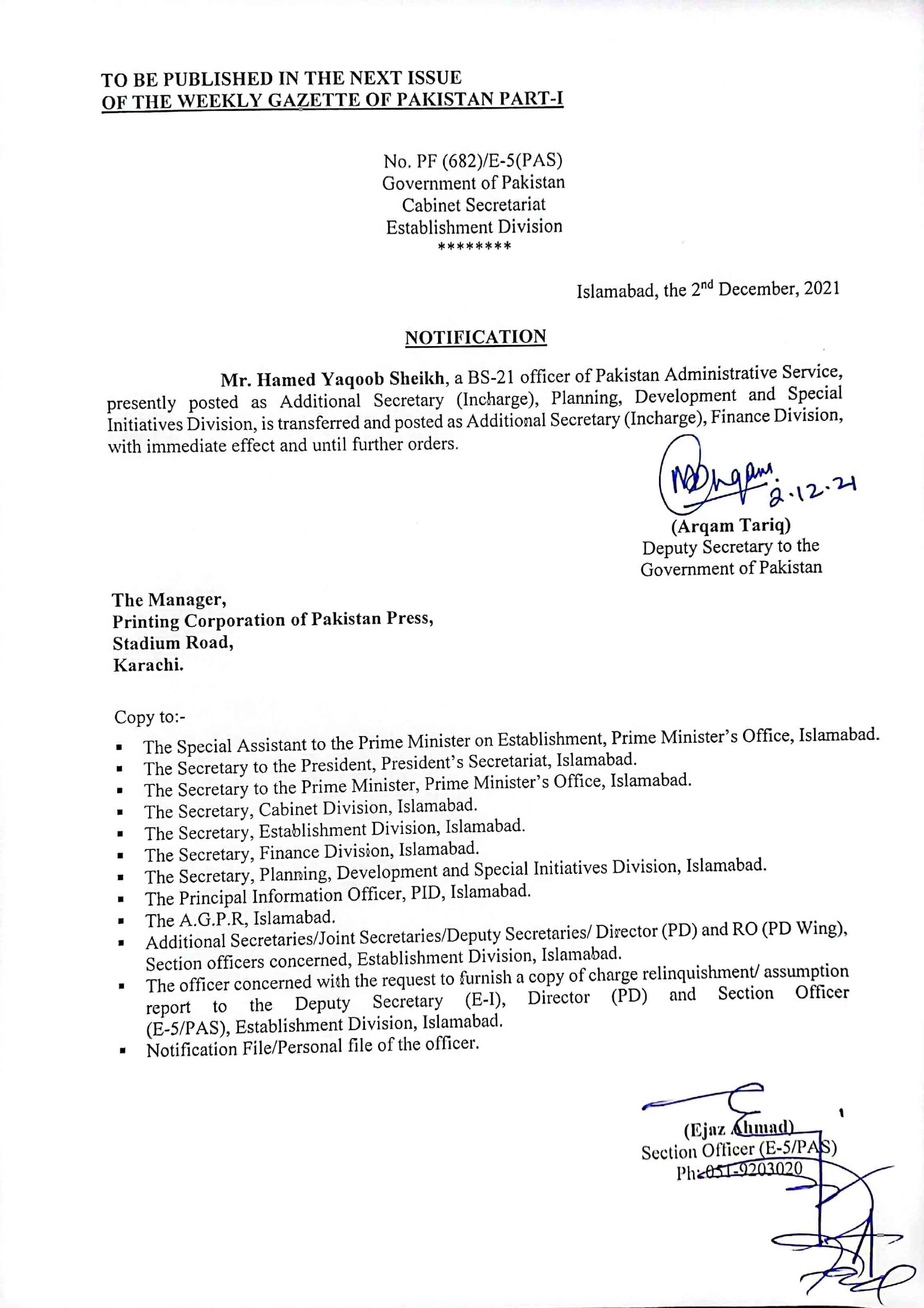 The notification issued by the Establishment Division.