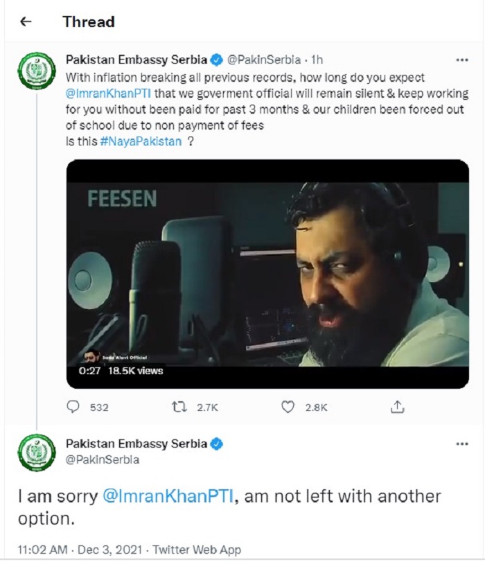 Tangkapan layar dari unggahan yang dihapus dari akun Twitter resmi Kedutaan Besar Pakistan Serbia.
