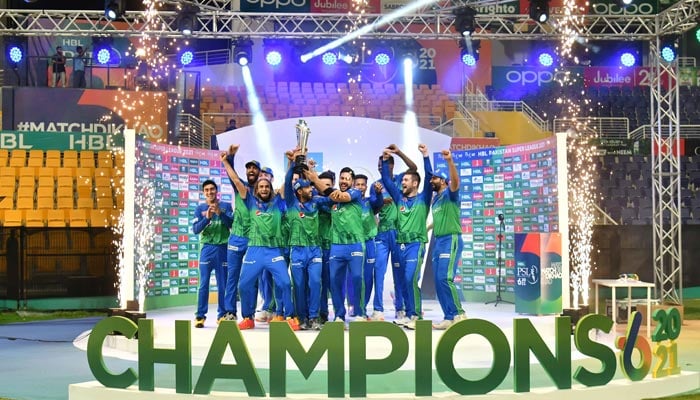 Multan Sultans celebrate as they lift their first PSL trophy, at the Sheikh Zayed Cricket Stadium, in Abu Dhabi, on June 25, 2021. — PSL/File