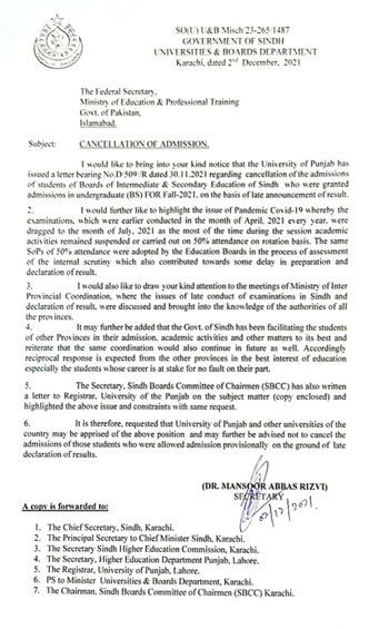 Secretary Universities and Boards Dr Mansoor Abbas Rizvis letter sent to the secretary of the Ministry of Federal Education and Professional Training.