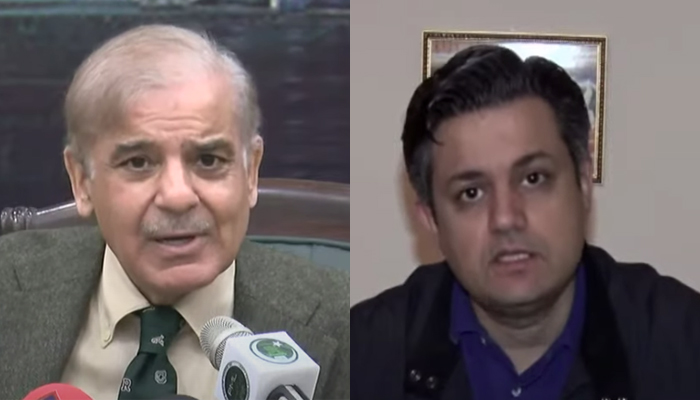 PML-N President Shahbaz Sharif (L) and Federal Minister for Energy Hammad Azhar. — YouTube screengrab