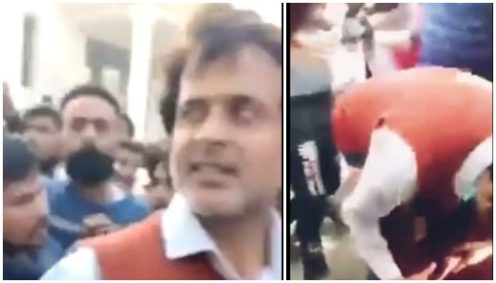 Screengrabs of footage showing Malik Adnan trying to save Diyawadanage Don Nandasri Priyantha from the mob during the Sialkot lynching incident — Twitter