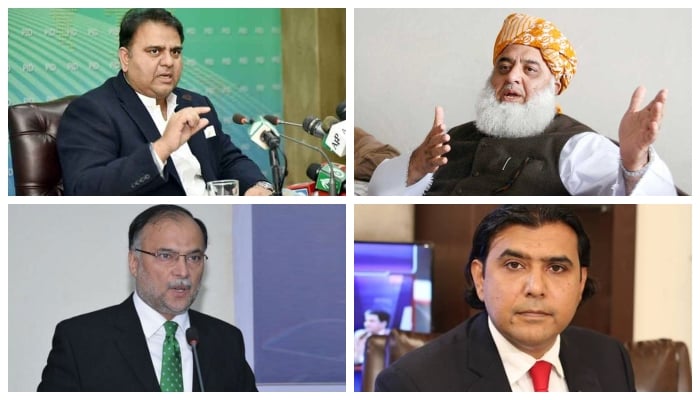 Federal Minister for Information and Broadcasting Fawad Chaudhry (upper left), JUI-F chief Maulana Fazlur Rehman (upper right); PML-N leader Ahsan Iqbal (lower left) and and PPP Senator Mustafa Nawaz Khokhar (lower right) — PID/ APP/Twitter