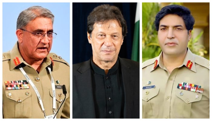 Chief of Army Staff (COAS) Gen Qamar Javed Bajwa (left), Prime Minister Imran Khan (centre), and Director-General Inter-Services Intelligence (ISI) Lt Gen Nadeem Ahmed Anjum (right). — Wikipedia/ISPR/File