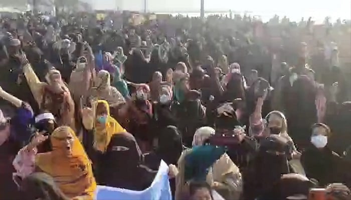 Scores of women take part in a rally in Gwadar for basic rights at the GDA Park on November 29. Photo: Courtesy Habib Baloch