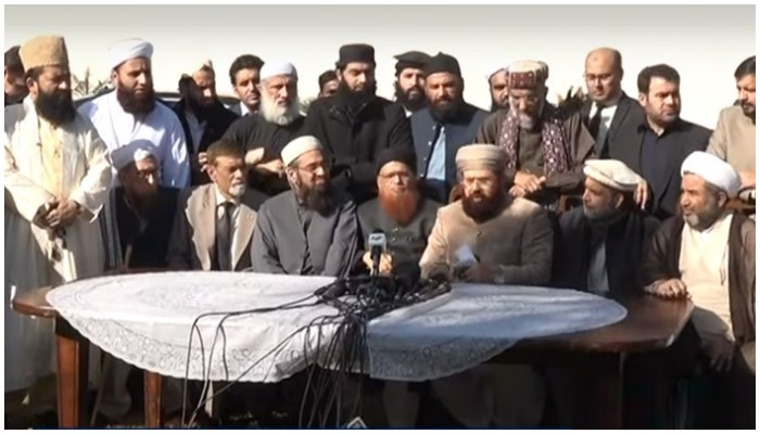 A screengrab of the press conference held on Tuesday, December 7, 2021 by some of Pakistans leading religious scholars on the Sialkot lynching.