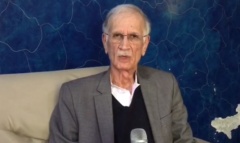 Federal Defence Minister Pervez Khattak speaking during a video message on Tuesday, December 7, 2021