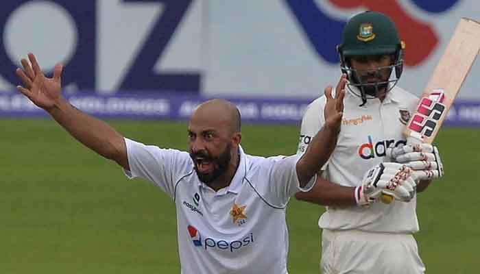 Pakistani spinner Sajid Khan appeals to the umpire during a Test match against Bangladesh in Dhaka. Photo: AFP