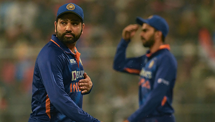 Indias captain Rohit Sharma (L) looks on after winning the third Twenty20 International cricket match between India and New Zealand at the Eden Gardens in Kolkata on November 21, 2021. — AFP/File