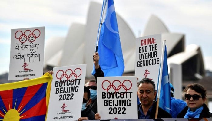 Protesters in Sydney call on the Australian government to boycott the 2022 Beijing Winter Olympics over Chinas human rights record. AFP