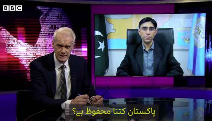 NSA Moeed Yusuf speaks to BBC HARDtalks Stephen Sackur. Photo: BBC Urdu YouTube video screengrab