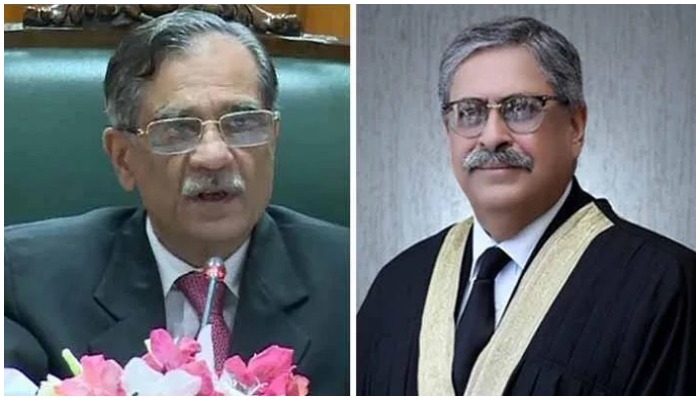 Former Chief Justice of Pakistan Saqib Nisar (left) and current Islamabad High Court Chief Justice Athar Minallah. Photos: Geo.tv/ file