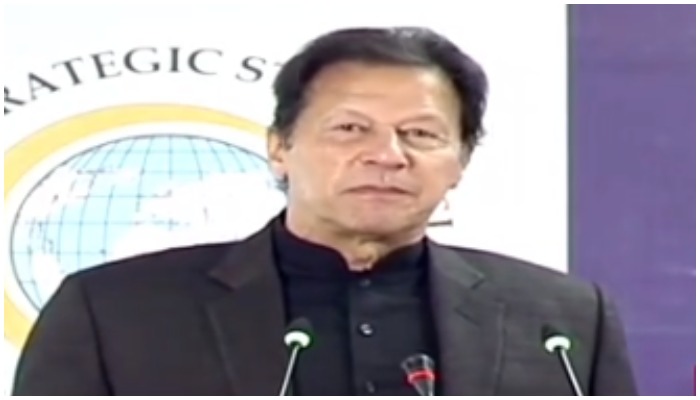 Prime Minister Imran Khan addresses Islamabad Conclave 2021 at Institute of Strategic Studies Pakistan. Photo: Screengrab
