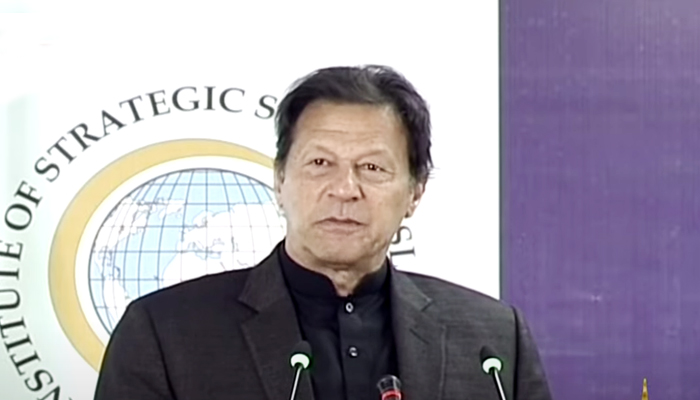 Prime Minister Imran Khan addresses Islamabad Conclave 2021 at Institute of Strategic Studies Pakistan. — YouTube/HumNewsLive