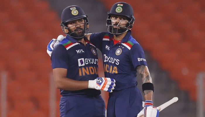 Cricket - Fifth Twenty20 International - India v England - Narendra Modi Stadium, Ahmedabad, India - March 20, 2021 Indias Rohit Sharma celebrates his half century with Virat Kohli. — Reuters/File