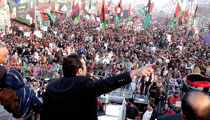 PPP Chairman Bilawal Bhutto Zardari addressing a public gathering on the founding day of PPP in Peshawar on November 30, 2021. — INP/File