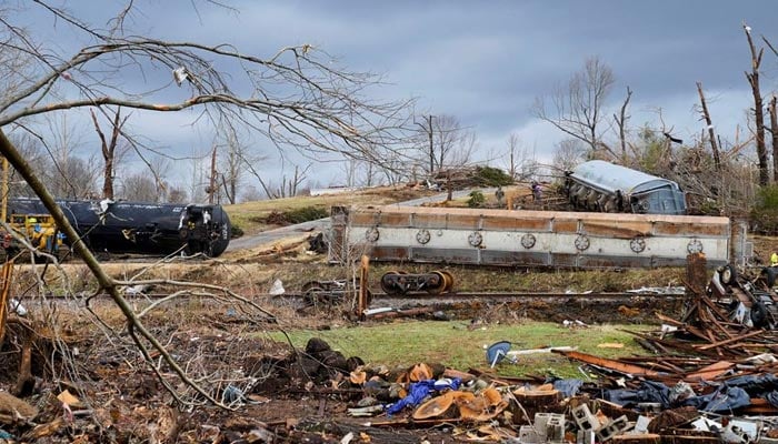 The scene of a train derailment is pictured after a devastating outbreak of tornadoes ripped through several US states in Earlington, Kentucky, U.S. December 11, 2021. — Reuters