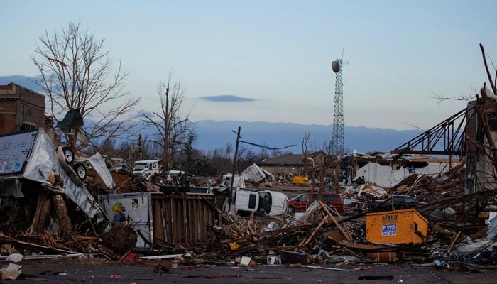 Heavy damage is seen downtown after a tornado swept through the area on December 11, 2021 in Mayfield, Kentucky. Multiple tornadoes tore through parts of the lower Midwest late on Friday night leaving a large path of destruction and unknown fatalities.— AFP