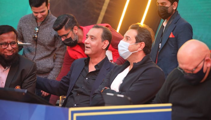 Karachi Kings CEO Tariq Wasi and President Wasim Akram during the players draft of the seventh edition of the Pakistan Super League, in Lahore, on December 12, 2021. — Twitter/Karachi Kings