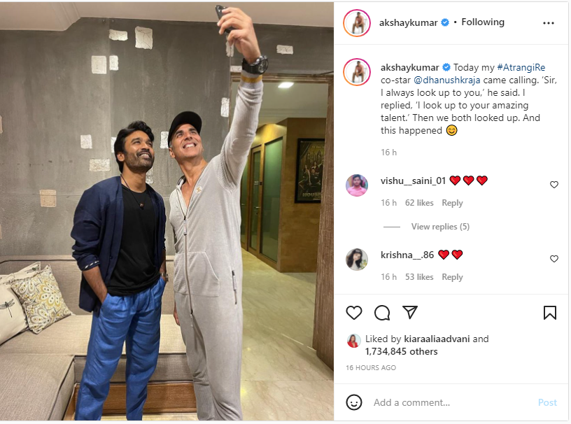 ‘Atrangi Re’ co-stars Akshay Kumar, Dhanush look up to each other; latest selfie is proof!