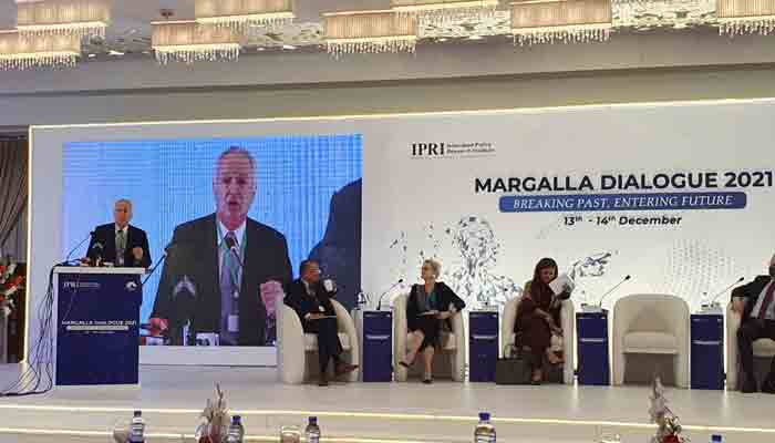 Former US envoy speaking at Margalla Dialogue 2021 in Islamabad.