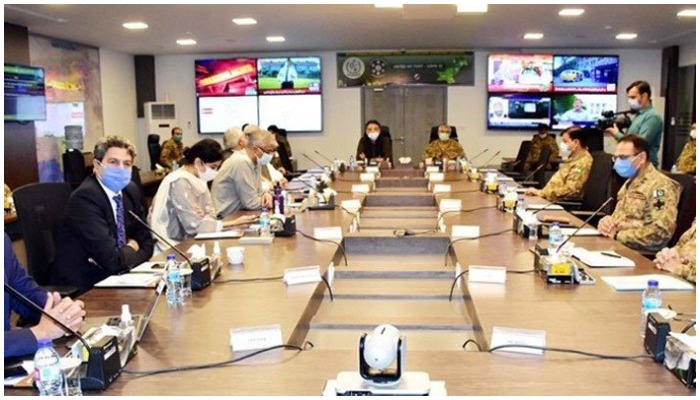 An NCOC meeting presided by NCOC Chief Asad Umar and COAS General Qamar Javed Bajwa.