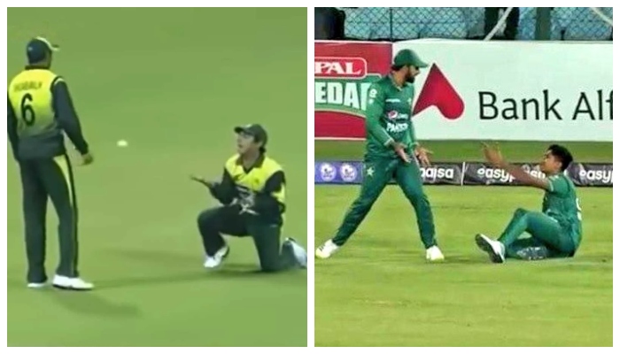 Saeed Ajmal and Shoaib Malik (left) during their missed opportunity a few years ago. Hasnain and Iftikhar Ahmed during theirs (right). Photo: Twitter