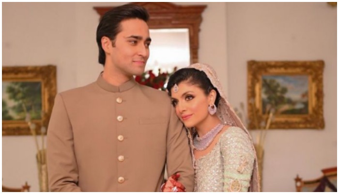 Junaid Safdar posing with his wife Ayesha Saif. — Instagram0@somethinghauteofficial