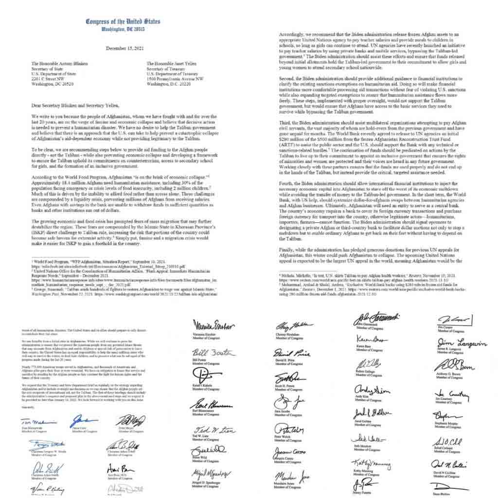 Letter written by 39 congressmen to Secretary of State Blinken and Secretary of Treasury Janet Yellen on the need to provide assistance to Afghan people and unfreezing Afghan assets.