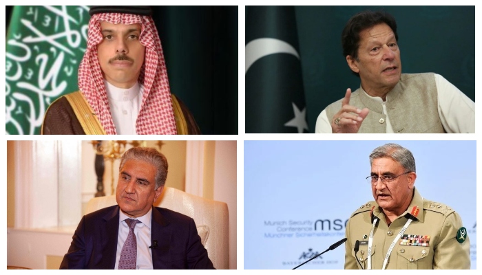 Saudi Arabias Foreign Minister, Prince Faisal Bin Farhan Al Saud (top left) Prime Minister Imran Khan (top right), Pakistani Foreign Minister Shah Mahmood Qureshi (bottom left) and Chief of Army Staff (COAS) General Qamar Javed Bajwa (bottom right). — Twitter/ Reuters/ AFP