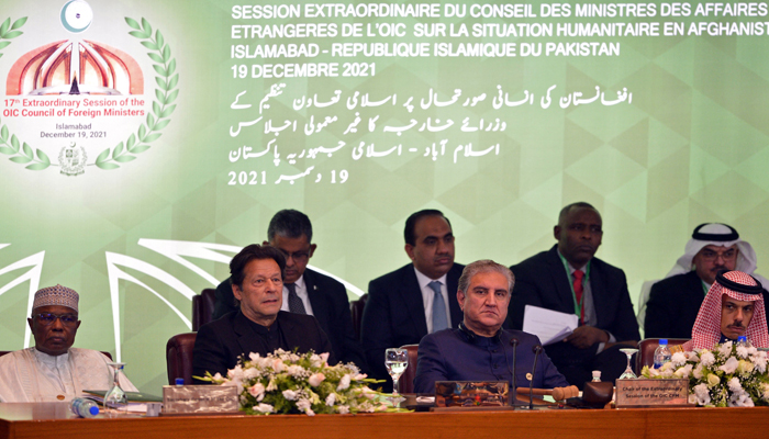 (Front L-R) Secretary of Organisation of Islamic Cooperation (OIC) Hissein Brahim Taha, Prime Minister Imran Khan, Minister for Foreign Affairs Shah Mahmood Qureshi and Saudi Arabias Minister of Foreign Affairs Prince Faisal bin Farhan Al Saud attend the opening of a special meeting of the 57-member Organisation of Islamic Cooperation (OIC) in Islamabad on December 19, 2021. — Photo by Farooq Naeem/AFP