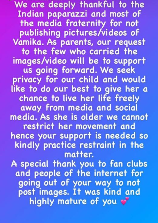 Anushka Sharma launches note for Indian media about Vamikas photos