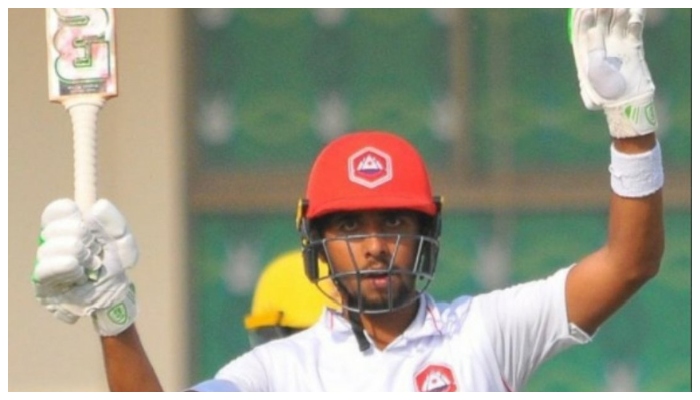 Mohammad Huraira raises his bat after scoring the triple ton. Photo: Twitter