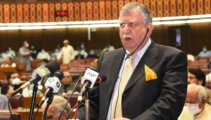 In this handout picture released by National Assembly on June 11, 2021, Finance Minister Shaukat Tarin presents the annual fiscal budget at the National Assembly in Islamabad. — AFP/File