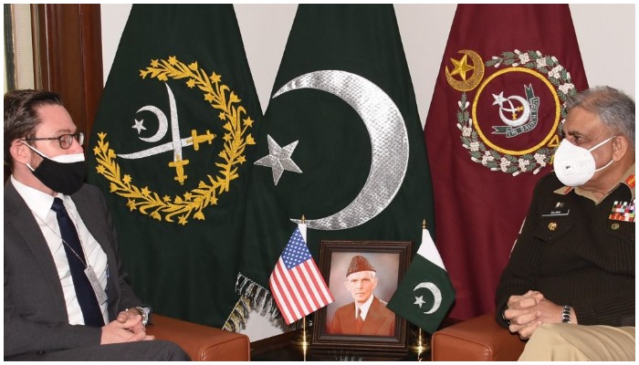 United States Special Representative for Afghanistan Thomas West (left) meets Chief of Army Staff (COAS) General Qamar Javed Bajwa (right) at the General Headquarters in Rawalpindi, on December 20, 2021. — ISPR