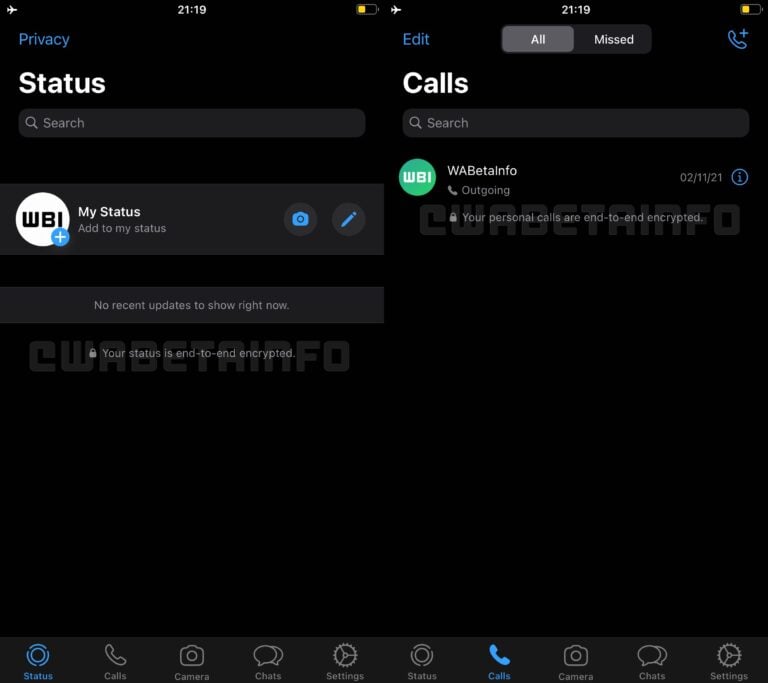 WhatsApp adds new indicators in Status and Calls section. Photo: WABetainfo.com