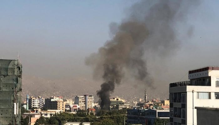 A smoke plume rises following an explosion targeting the convoy of Afghanistans ex-vice-president Amrullah Saleh in Kabul on September 9, 2020. — AFP/File