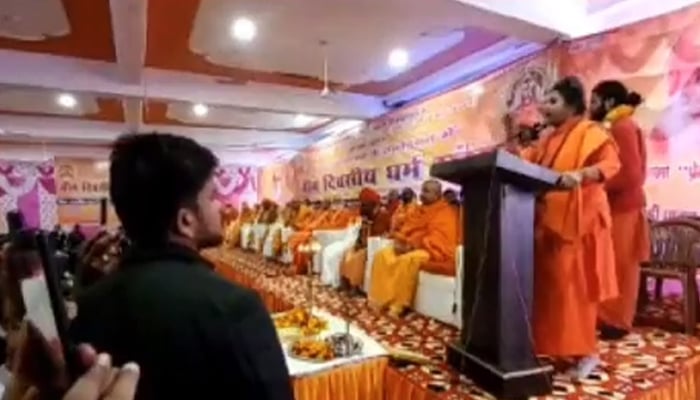 A Hindutva leader addressing a recent three-day hate speech conclave organised by Hindutva leader Yati Narsinghanand in Uttarakhands Haridwar city from 17 to 19 December. — Twitter