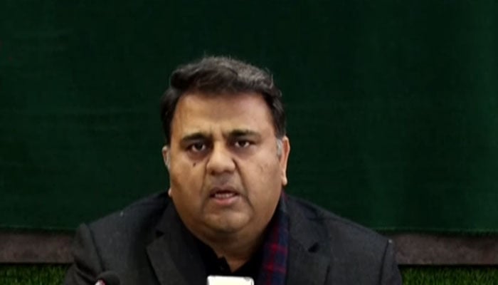 Federal Minister for Information and Broadcasting Fawad Chaudhry speaking during a press conference in Islamabad on Friday, December 24, 2021.