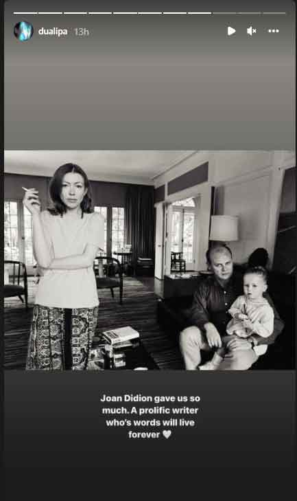 Dua Lipa reacts to death of author Joan Didion
