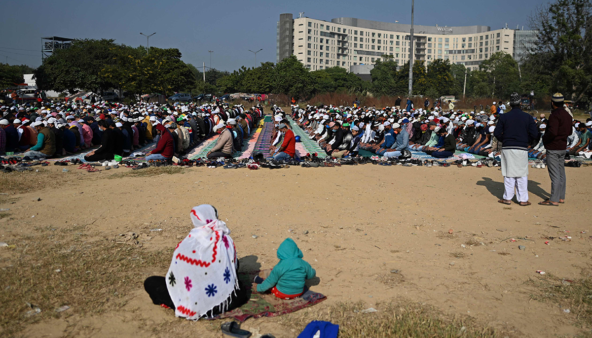 In this file photo taken on December 17, 2021, Muslim devotees offer Friday prayers in an open ground in Gurgaon, after several prayer sites were closed by the authorities following demands by right wing Hindu groups calling for banning Muslim prayers in open spaces. — AFP