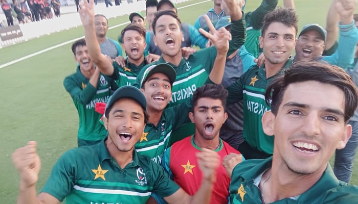 Pakistani U-19 team celebrating after beating India in the  group stage of the Asian Cricket Councils (ACC) Under-19s Asia Cup in Dubai on December 25, 2021. — PCB