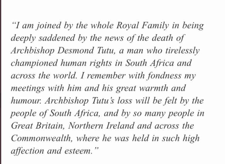 Queen Elizabeth reacts to Archbishop Desmond Tutus death